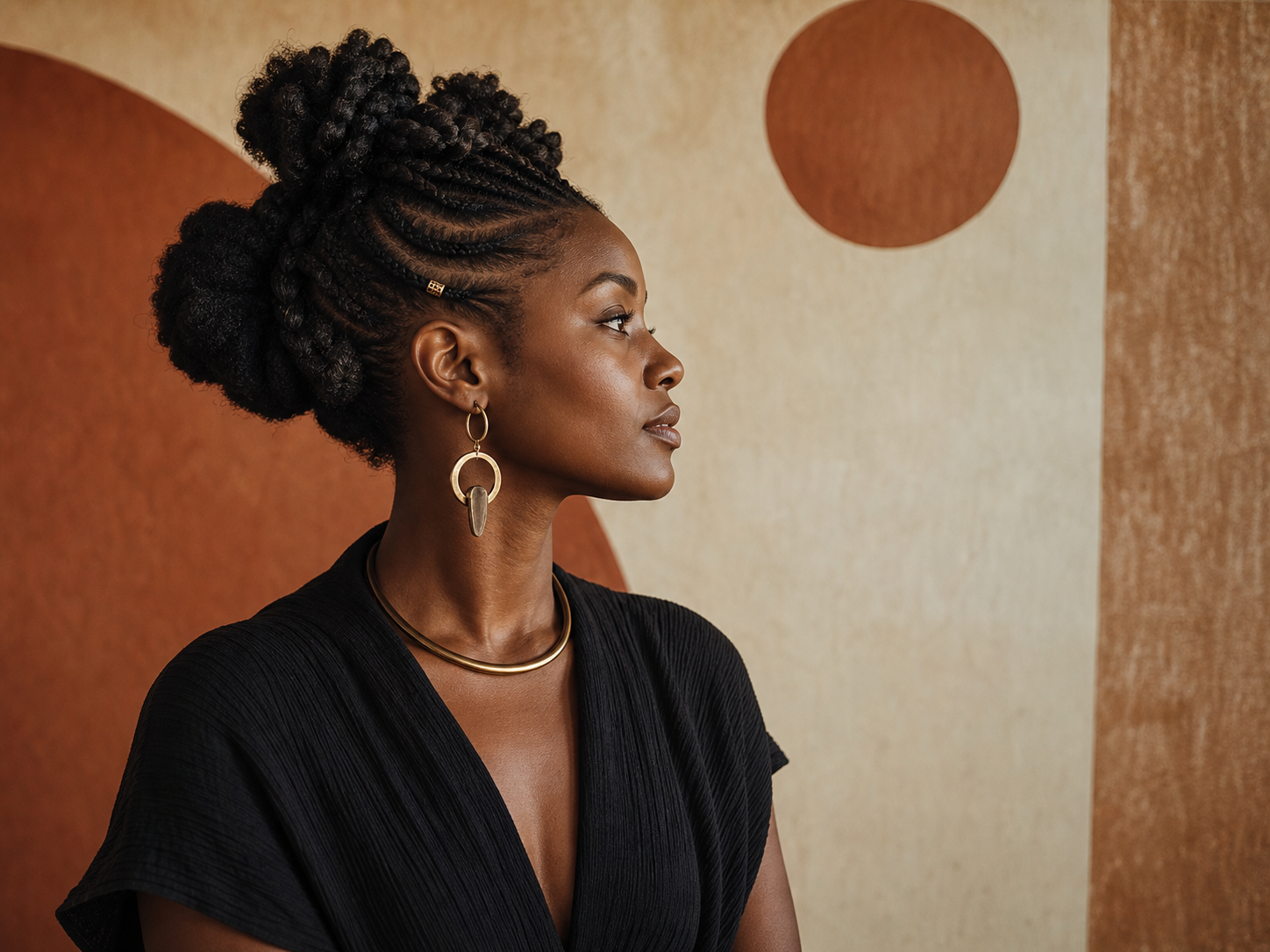 Portrait d’une femme aux cheveux texturés portant une coiffure tressée.